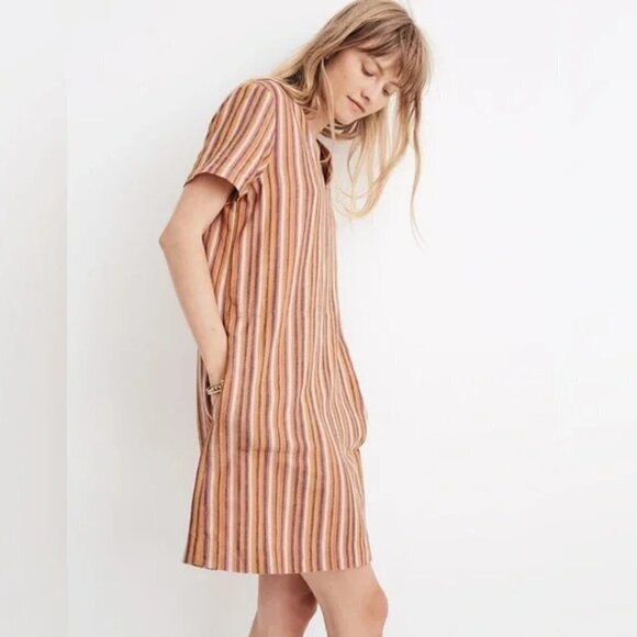 Madewell Linen Button-Back Easy Mini V-neck Short Sleeve Dress Rainbow Stripe S - Picture 3 of 11